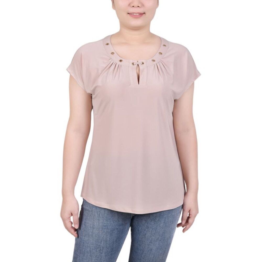 NY Collection Petite Grommet Neck Knit Short Extended Sleeve Top